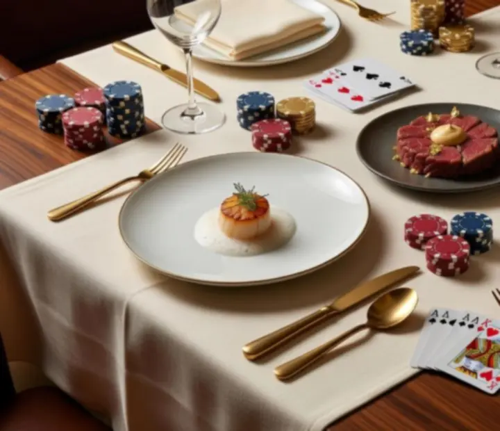 Cuisine raffinée et tables de poker dans un espace chaleureux
