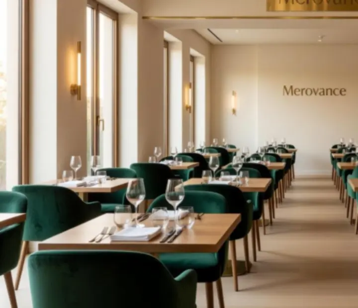 Int&eacute;rieur &eacute;l&eacute;gant du restaurant Merovance avec tables dress&eacute;es et atmosph&egrave;re chaleureuse