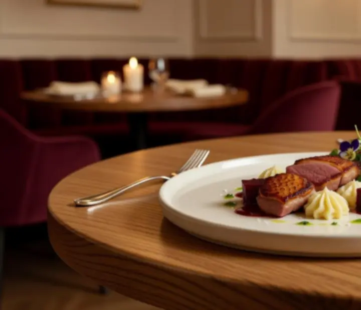 Plat signature dressé avec élégance au restaurant Merovance
