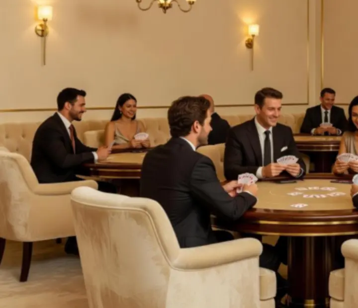 Salon de cartes élégant avec boiseries, banquettes en velours et tables de poker dans une ambiance feutrée