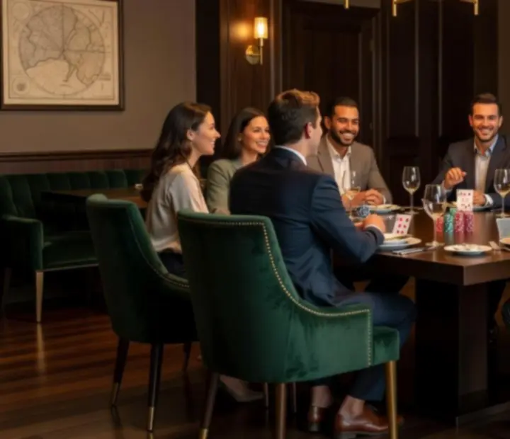 Grande table dressée pour un dîner de groupe au salon de cartes Merovance