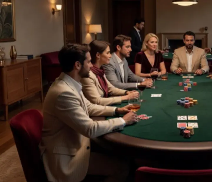 Grande table de poker entourée de convives, fauteuils confortables et service à table discret